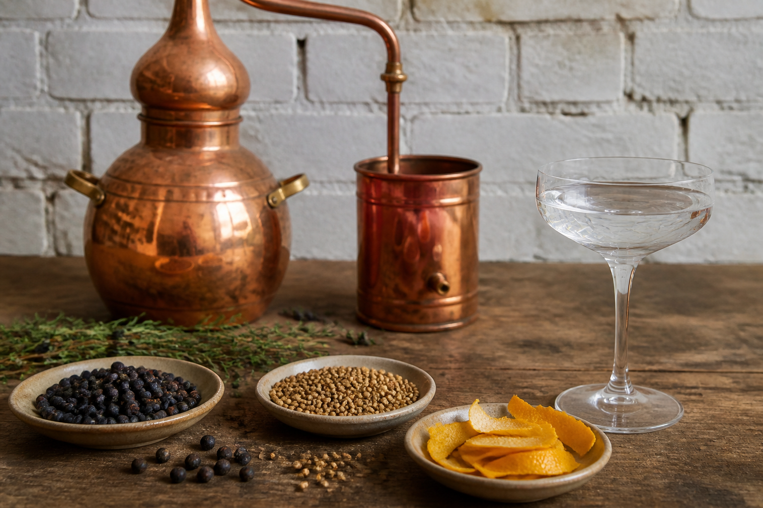 Juniper and gin botanicals on a workbench