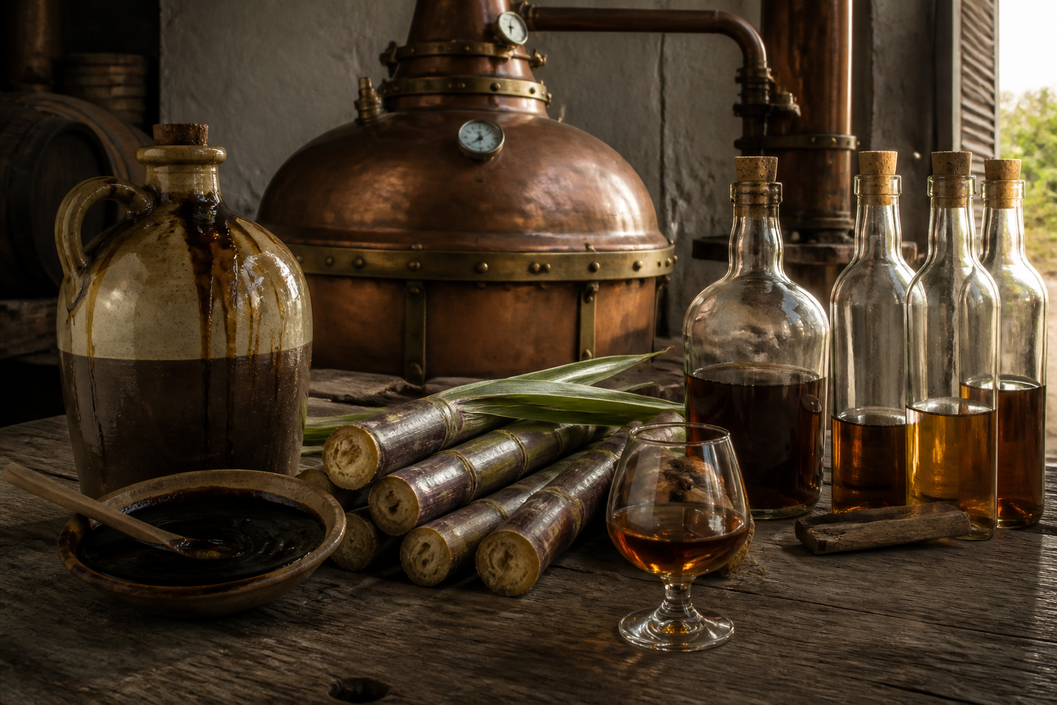Copper rum still in a distillery