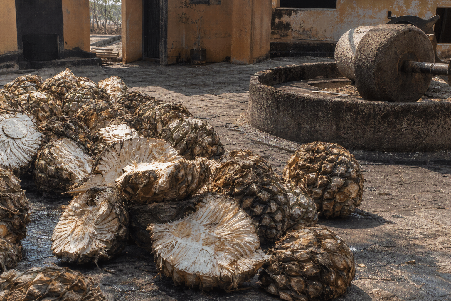Cooked agave piñas at a tequila distillery