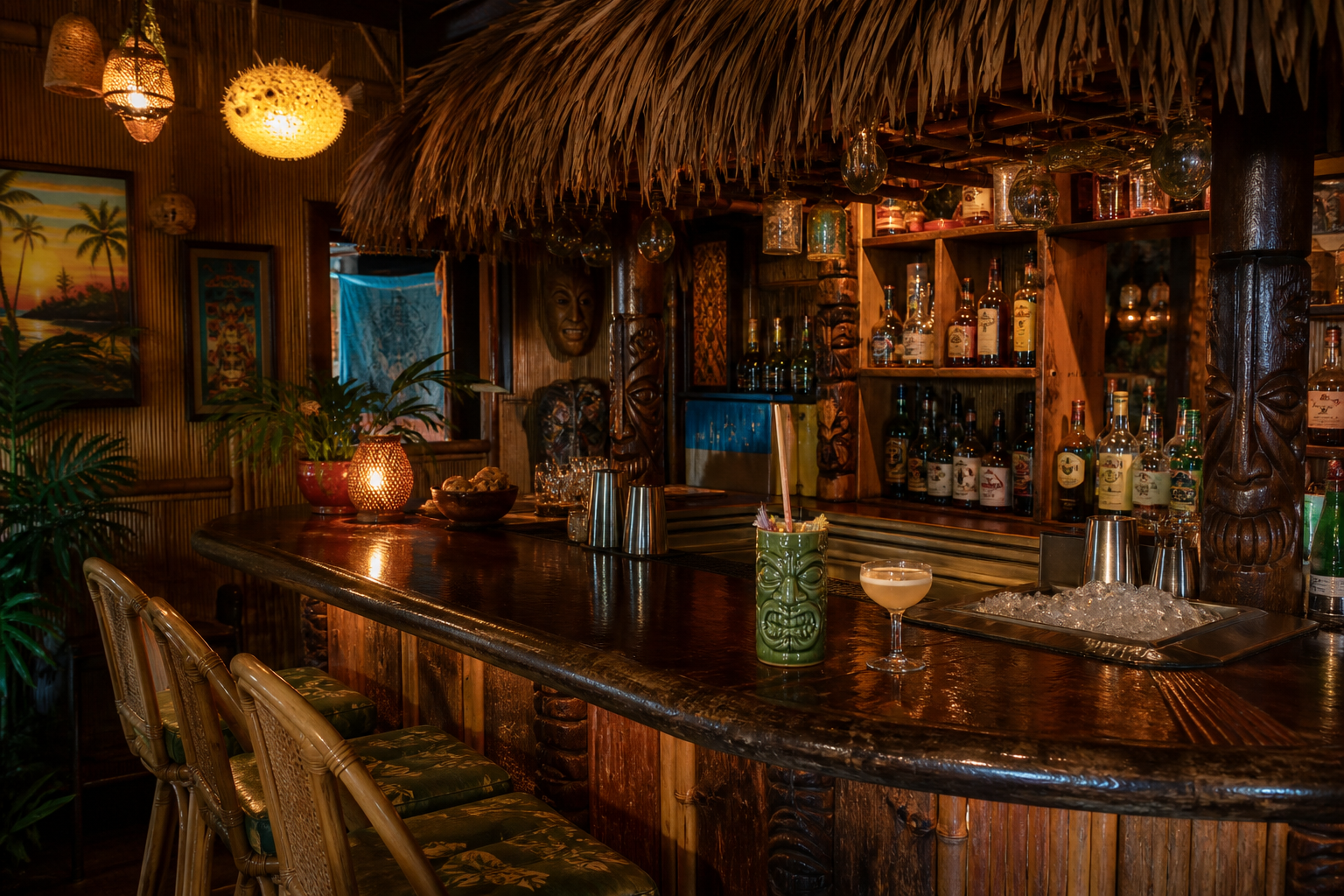 Tiki bar room with rattan, carved wood, and hanging glass floats