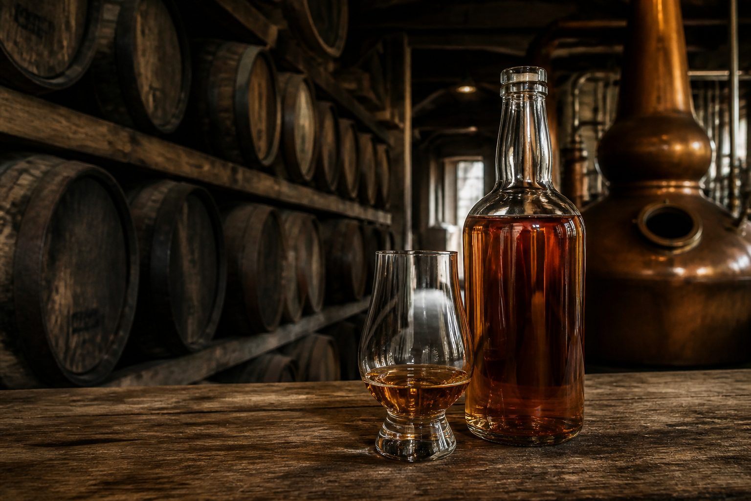 Oak whiskey barrels in a warehouse